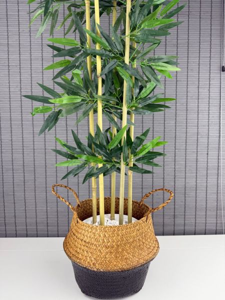 Bahçem Dekoratif Yapay Yapraklı 160cm 5 Gövde Katlanır Natural-Siyah Hasır Bambu Sepetli Bambu Ağacı