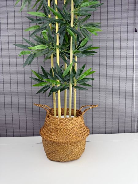 Bahçem Dekoratif Yapay Yapraklı 160cm 5 Gövde Katlanır Natural Hasır Bambu Sepetli Bambu Ağacı