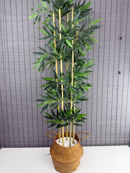 Bahçem Dekoratif Yapay Yapraklı 160cm 5 Gövde Katlanır Natural Hasır Bambu Sepetli Bambu Ağacı