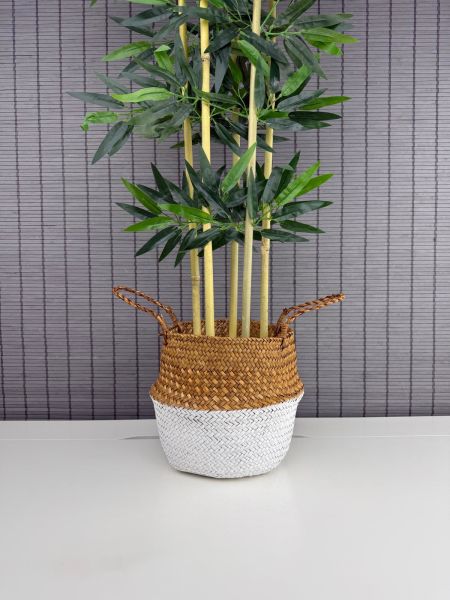 Bahçem Dekoratif Yapay Yapraklı 160cm 5 Gövde Katlanır Natural-Beyaz Hasır Bambu Sepetli Bambu Ağacı