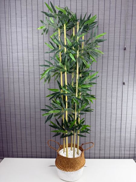 Bahçem Dekoratif Yapay Yapraklı 160cm 5 Gövde Katlanır Natural-Beyaz Hasır Bambu Sepetli Bambu Ağacı