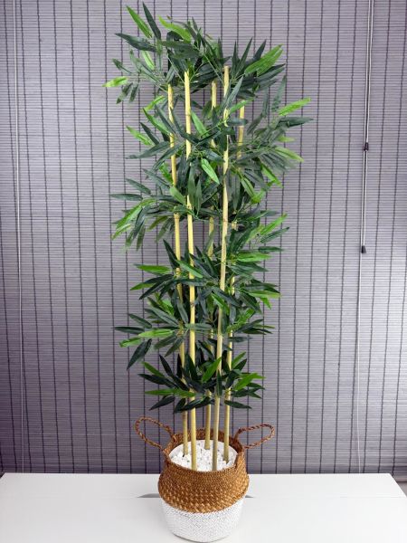 Bahçem Dekoratif Yapay Yapraklı 160cm 5 Gövde Katlanır Natural-Beyaz Hasır Bambu Sepetli Bambu Ağacı