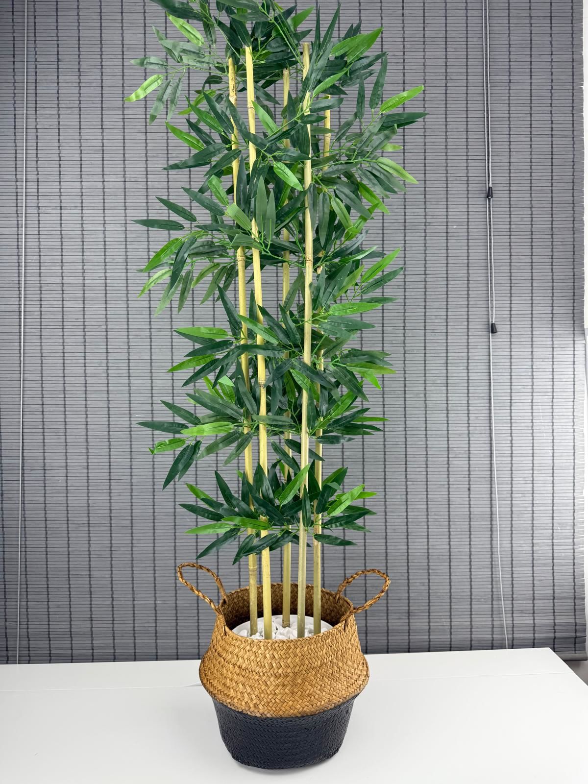 Bahçem Dekoratif Yapay Yapraklı 130cm 5 Gövde Katlanır Natural-Siyah Hasır Bambu Sepetli Bambu Ağacı