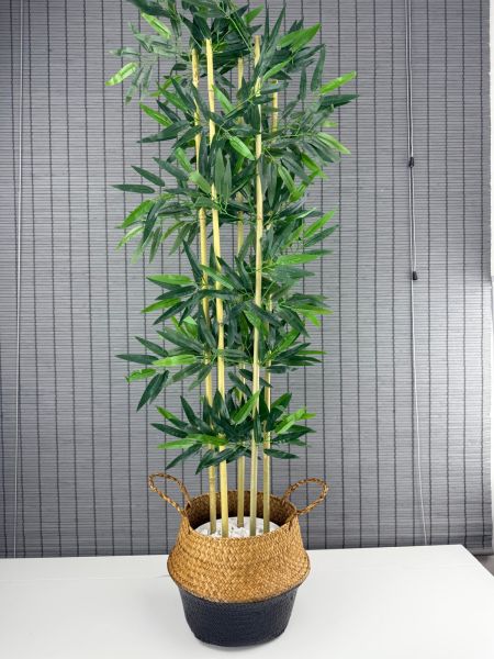 Bahçem Dekoratif Yapay Yapraklı 130cm 5 Gövde Katlanır Natural-Siyah Hasır Bambu Sepetli Bambu Ağacı