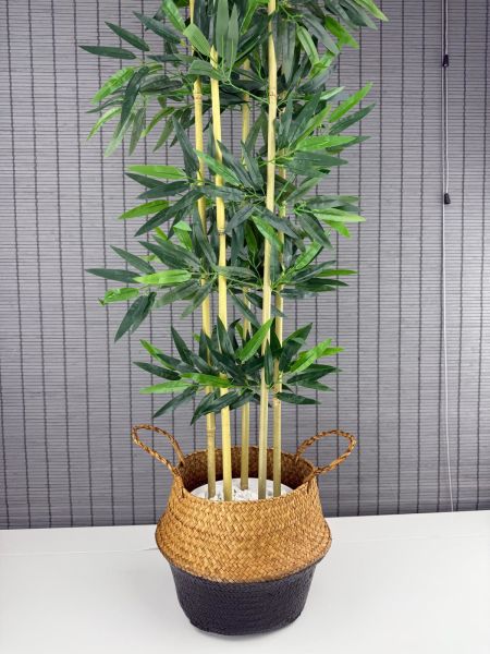 Bahçem Dekoratif Yapay Yapraklı 130cm 5 Gövde Katlanır Natural-Siyah Hasır Bambu Sepetli Bambu Ağacı