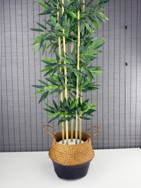 Bahçem Dekoratif Yapay Yapraklı 130cm 5 Gövde Katlanır Natural-Siyah Hasır Bambu Sepetli Bambu Ağacı