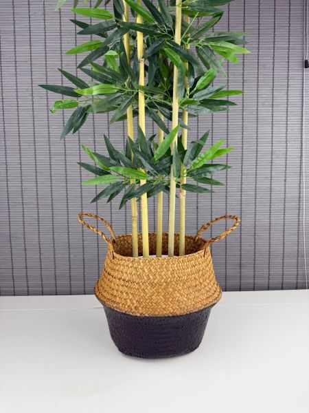 Bahçem Dekoratif Yapay Yapraklı 130cm 5 Gövde Katlanır Natural-Siyah Hasır Bambu Sepetli Bambu Ağacı