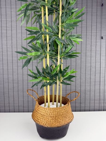 Bahçem Dekoratif Yapay Yapraklı 130cm 5 Gövde Katlanır Natural-Siyah Hasır Bambu Sepetli Bambu Ağacı