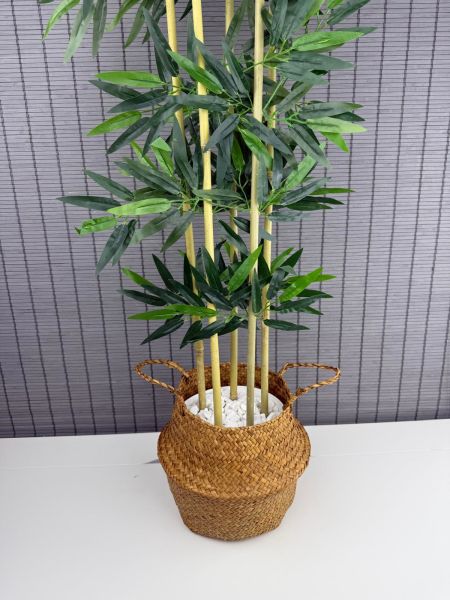 Bahçem Dekoratif Yapay Yapraklı 130cm 5 Gövde Katlanır Natural Hasır Bambu Sepetli Bambu Ağacı
