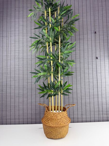 Bahçem Dekoratif Yapay Yapraklı 130cm 5 Gövde Katlanır Natural Hasır Bambu Sepetli Bambu Ağacı