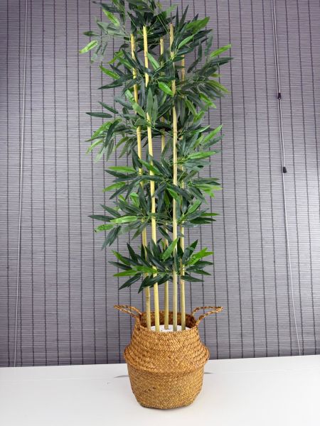 Bahçem Dekoratif Yapay Yapraklı 130cm 5 Gövde Katlanır Natural Hasır Bambu Sepetli Bambu Ağacı