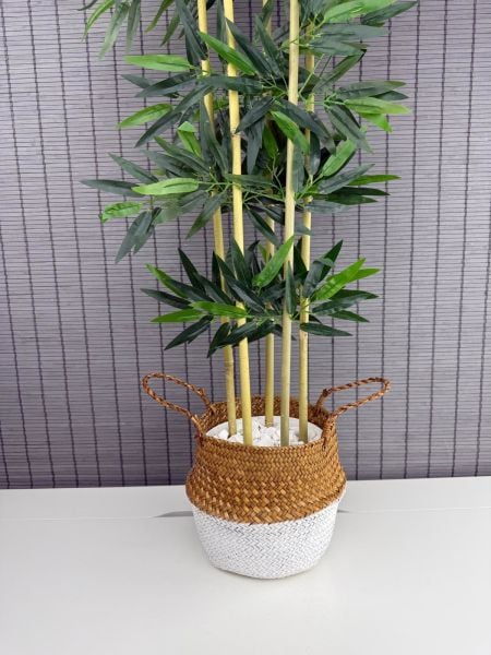 Bahçem Dekoratif Yapay Yapraklı 130cm 5 Gövde Katlanır Natural-Beyaz Hasır Bambu Sepetli Bambu Ağacı