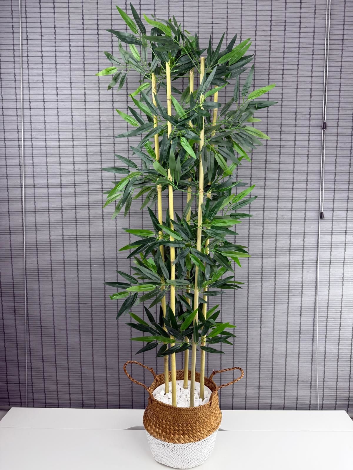 Bahçem Dekoratif Yapay Yapraklı 130cm 5 Gövde Katlanır Natural-Beyaz Hasır Bambu Sepetli Bambu Ağacı