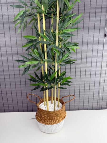 Bahçem Dekoratif Yapay Yapraklı 130cm 5 Gövde Katlanır Natural-Beyaz Hasır Bambu Sepetli Bambu Ağacı