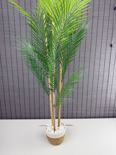 Bahçem Dekoratif Yapay Yapraklı Hasır Sea Grass/Beyaz Koton Saksılı Areka Palmiye Ağacı 3 Gövde 120cm