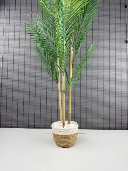 Bahçem Dekoratif Yapay Yapraklı Hasır Sea Grass/Beyaz Koton Saksılı Areka Palmiye Ağacı 3 Gövde 120cm