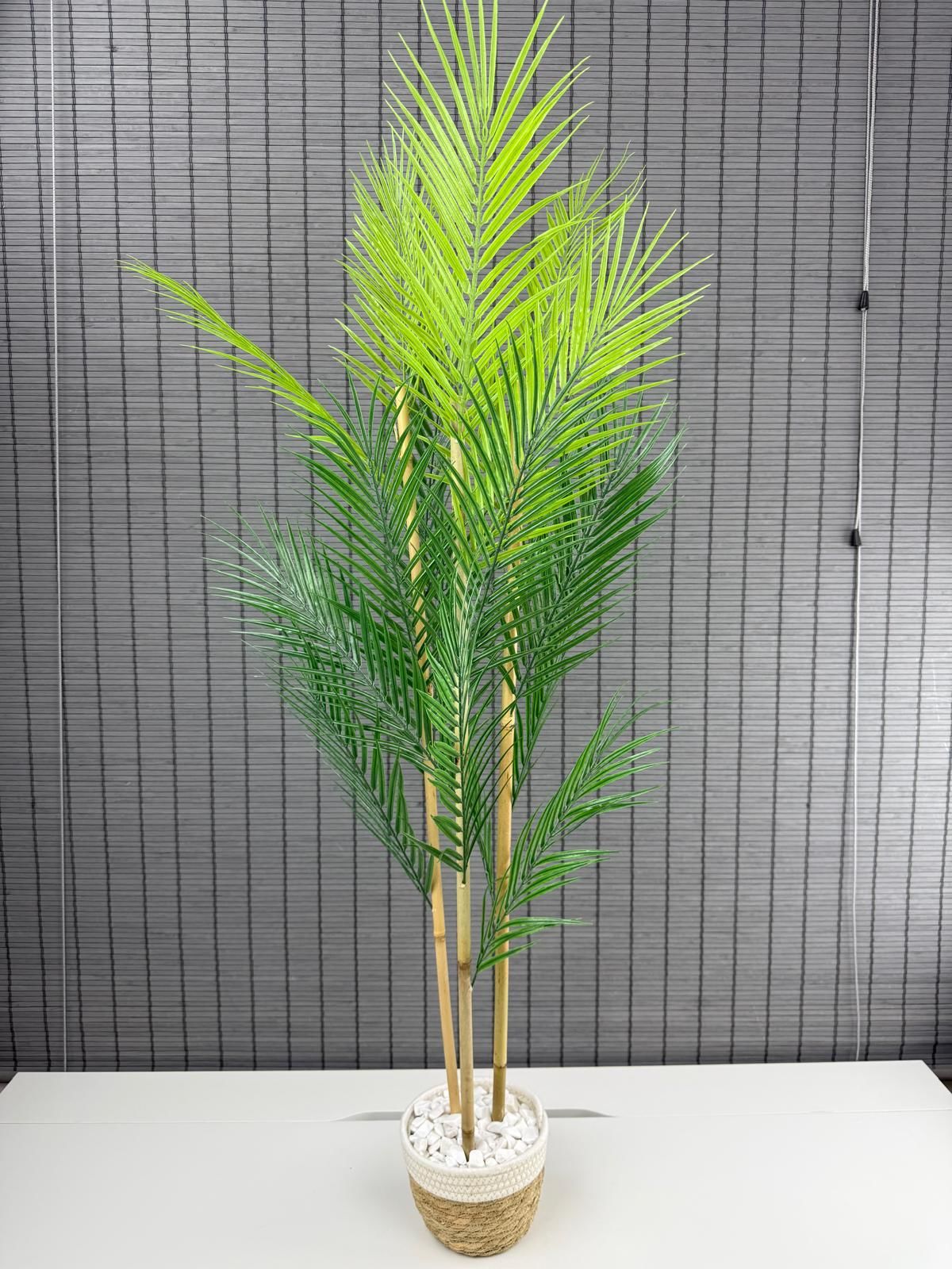 Bahçem Dekoratif Yapay Yapraklı Hasır Sea Grass/Beyaz Koton Saksılı Areka Palmiye Ağacı 3 Gövde 120cm