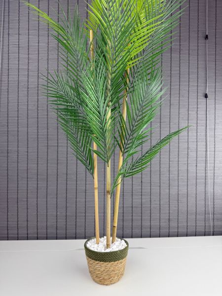 Bahçem Dekoratif Yapay Yapraklı Hasır Sea Grass/Yeşil Koton Saksılı Areka Palmiye Ağacı 3 Gövde 120cm