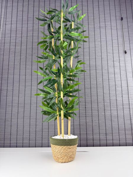 Bahçem Dekoratif Yapay Yapraklı Hasır Sea Grass/Yeşil Koton Saksılı 3 Gövde Bambu Ağacı 90 Cm