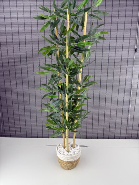 Bahçem Dekoratif Yapay Yapraklı Hasır Sea Grass/Beyaz Koton Saksılı 3 Gövde Bambu Ağacı 90 Cm