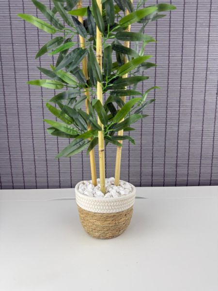 Bahçem Dekoratif Yapay Yapraklı Hasır Sea Grass/Beyaz Koton Saksılı 3 Gövde Bambu Ağacı 90 Cm