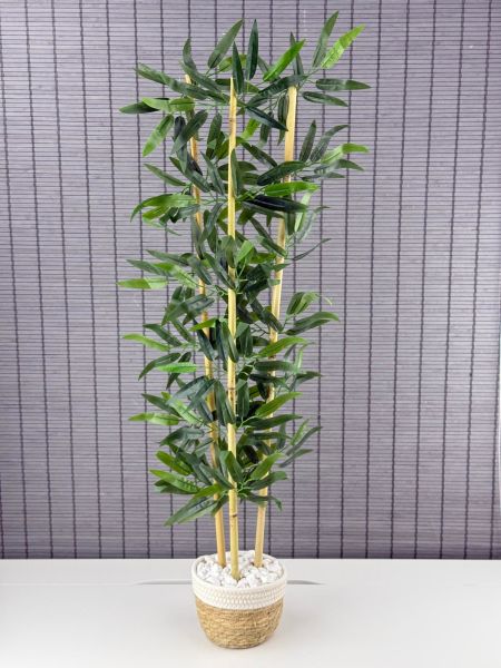 Bahçem Dekoratif Yapay Yapraklı Hasır Sea Grass/Beyaz Koton Saksılı 3 Gövde Bambu Ağacı 90 Cm