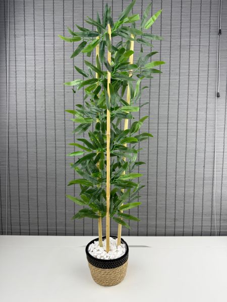 Bahçem Dekoratif Yapay Yapraklı Hasır Sea Grass/Siyah Koton Saksılı 3 Gövde Bambu Ağacı 90 Cm