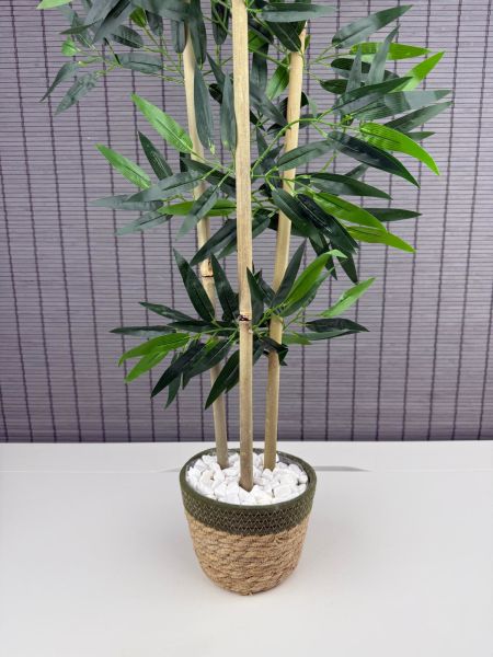 Bahçem Yoğun Yapraklı Dekoratif Bambu Ağacı Hasır Sea Grass/Yeşil Koton Saksılı 3 Gövde 100cm