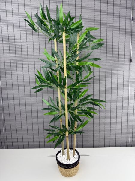 Bahçem Yoğun Yapraklı Dekoratif Bambu Ağacı Hasır Sea Grass/Siyah Koton Saksılı 3 Gövde 100cm
