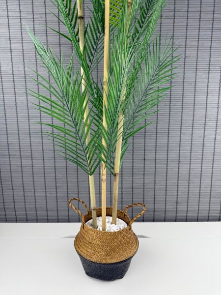 Bahçem Dekoratif Yapay Yapraklı Natural-Siyah Hasır Bambu Sepetli Areka Palmiye Ağacı 3 Gövde 120cm
