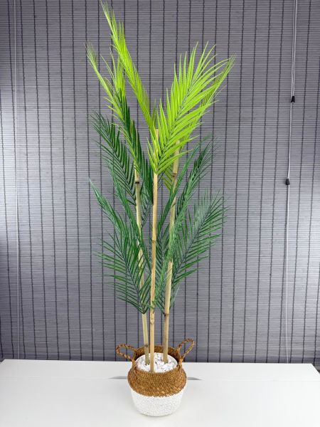 Bahçem Dekoratif Yapay Yapraklı Natural-Beyaz Hasır Bambu Sepetli Areka Palmiye Ağacı 3 Gövde 120cm