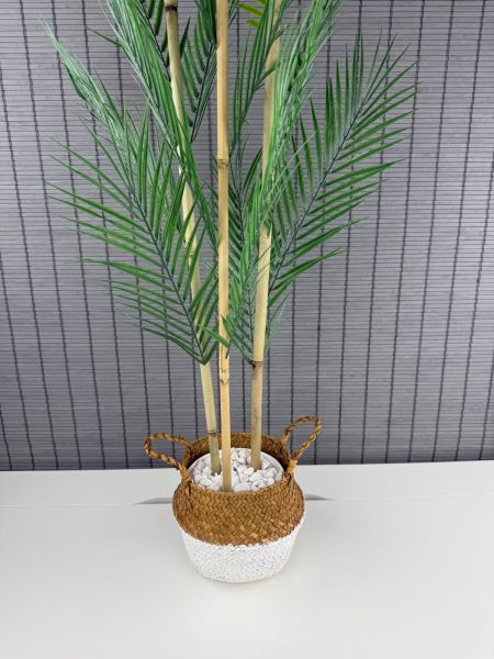 Bahçem Dekoratif Yapay Yapraklı Natural-Beyaz Hasır Bambu Sepetli Areka Palmiye Ağacı 3 Gövde 120cm