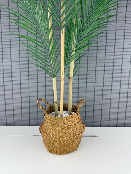 Bahçem Dekoratif Yapay Yapraklı Natural Hasır Bambu Sepetli Areka Palmiye Ağacı 3 Gövde 120cm