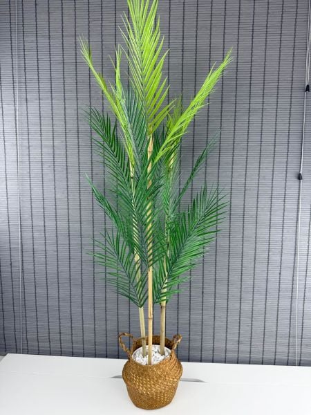 Bahçem Dekoratif Yapay Yapraklı Natural Hasır Bambu Sepetli Areka Palmiye Ağacı 3 Gövde 120cm