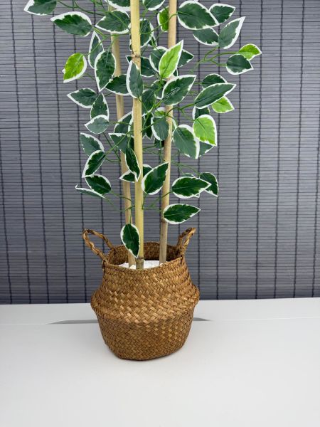 Bahçem Dekoratif Yapay Yapraklı Natural Hasır Bambu Sepetli Dekoratif Benjamin Ağacı 100cm 3 Gövde