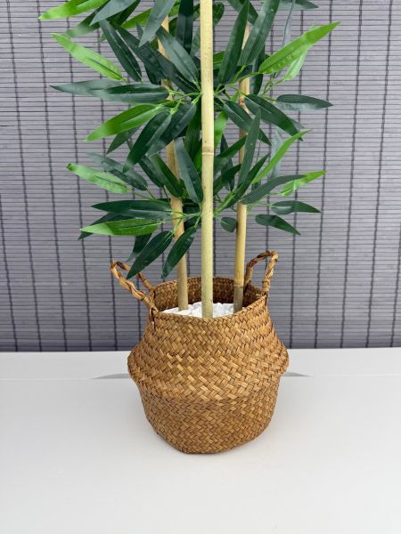 Bahçem Dekoratif Yapay Yapraklı Natural Hasır Bambu Sepetli Dekoratif Bambu Ağacı 100cm 3 Gövde