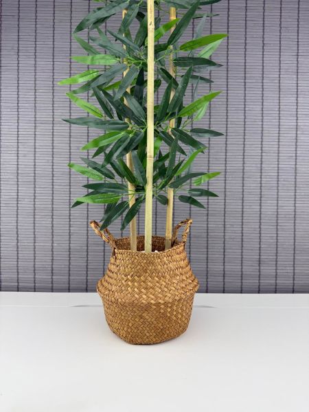 Bahçem Dekoratif Yapay Yapraklı Natural Hasır Bambu Sepetli Dekoratif Bambu Ağacı 100cm 3 Gövde