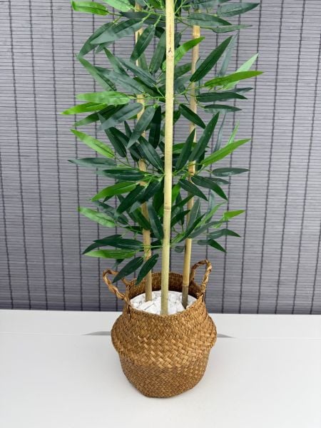 Bahçem Dekoratif Yapay Yapraklı Natural Hasır Bambu Sepetli Dekoratif Bambu Ağacı 100cm 3 Gövde