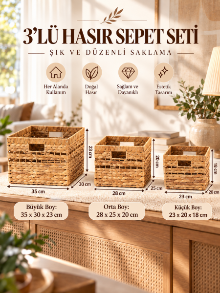 Bahçem 3’lü Dikdörtgen Hasır Sepet Seti Dekoratif Saklama Sepeti Organizer Düzenleyici Raf Dolap Sepeti