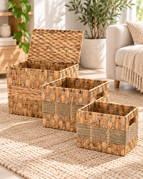 Bahçem Dekoratif Kapaklı Dikdörtgen Hasır Water Hyacinth Sepet 3'Lü Set