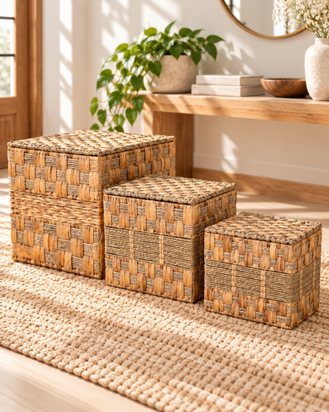 Bahçem Dekoratif Kapaklı Dikdörtgen Hasır Water Hyacinth Sepet 3'Lü Set