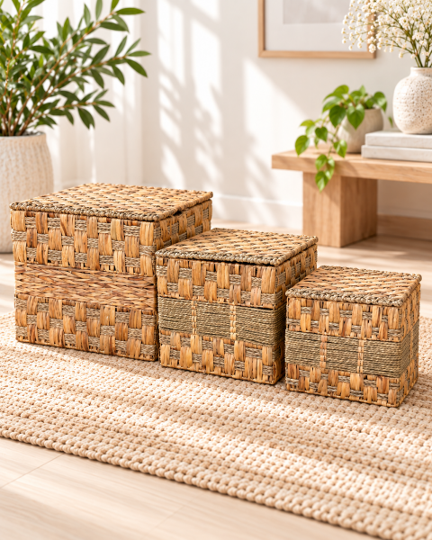 Bahçem Dekoratif Kapaklı Dikdörtgen Hasır Water Hyacinth Sepet 3'Lü Set