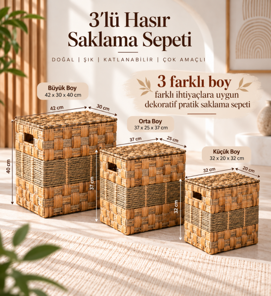 Bahçem Dekoratif Kapaklı Dikdörtgen Hasır Water Hyacinth Sepet 3'Lü Set