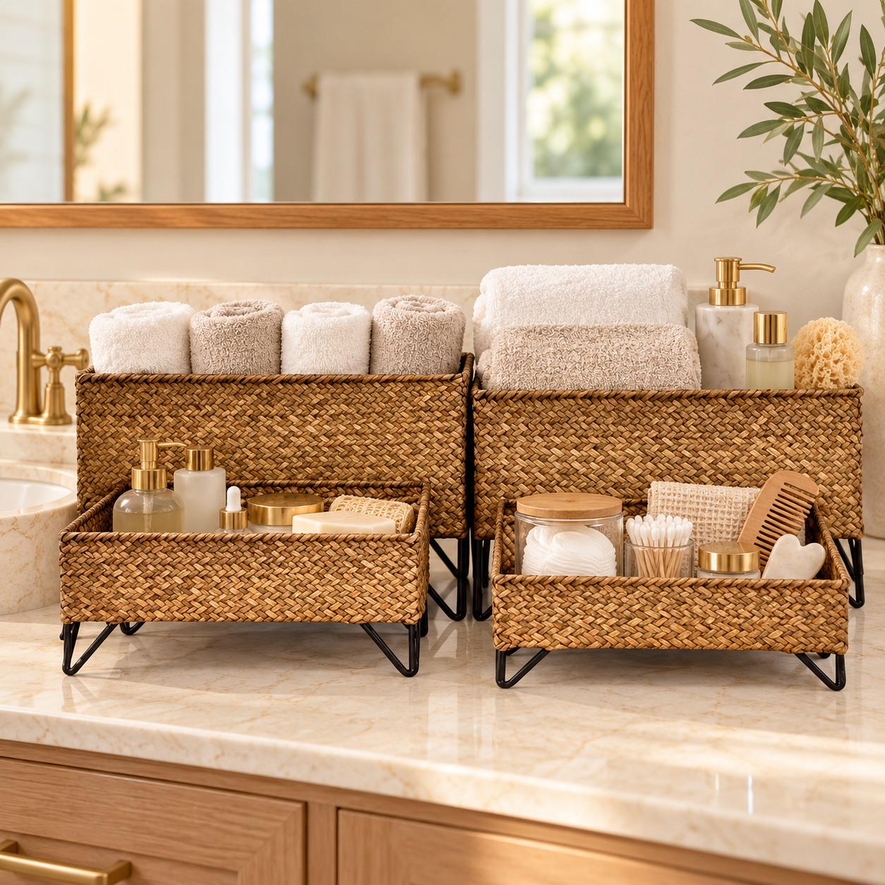Bahçem Ferforje Metal Ayaklı Dikdörtgen Dekoratif Çok Amaçlı Bambu Hasır Sepet 4'lü Set