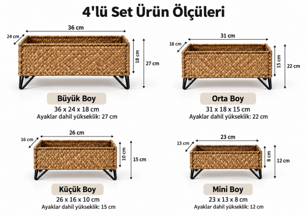 Bahçem Ferforje Metal Ayaklı Dikdörtgen Dekoratif Çok Amaçlı Bambu Hasır Sepet 4'lü Set