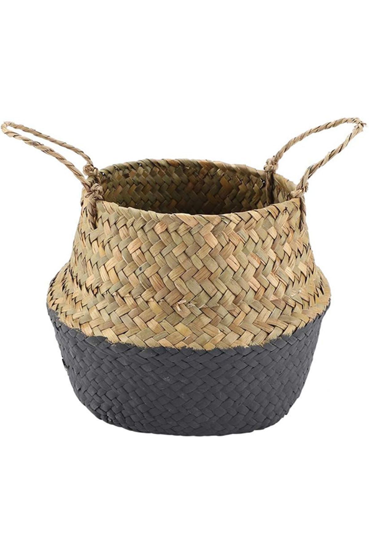 Bahçem Katlanabilir Hasır Sepet Saksılık Natural-Antrasit 20x23cm