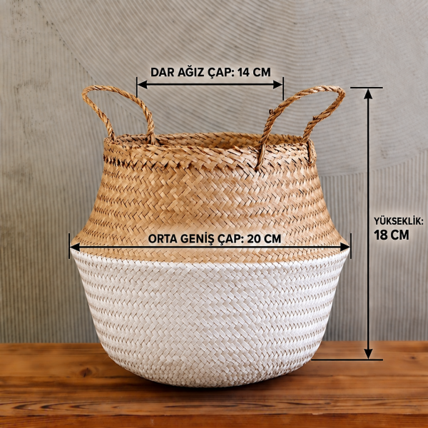 Bahçem Katlanabilir Hasır Sepet Saksılık Natural-Beyaz 14x20x18cm
