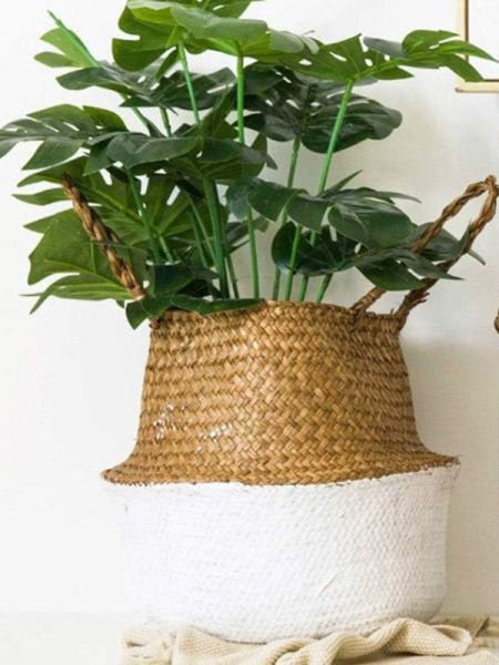 Bahçem Katlanabilir Hasır Sepet Saksılık Natural-beyaz 28x30cm