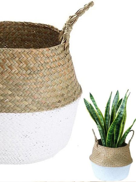 Bahçem Katlanabilir Hasır Sepet Saksılık Natural-beyaz 28x30cm