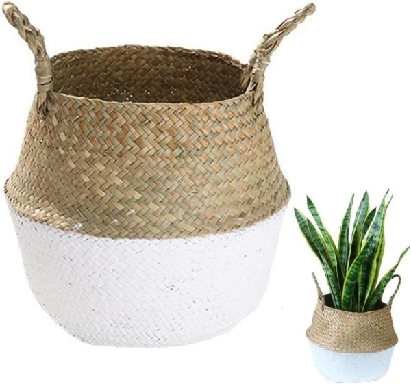 Bahçem Katlanabilir Hasır Sepet Saksılık Natural-beyaz 24x28cm